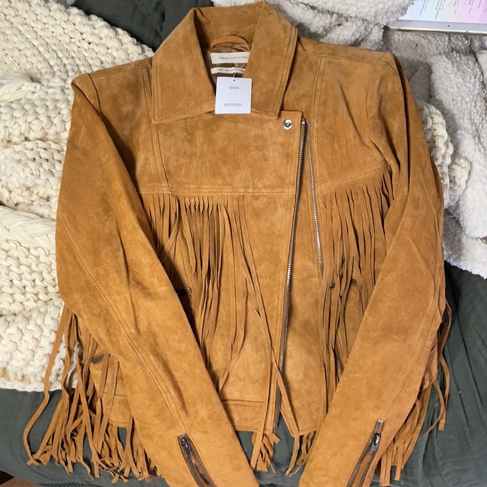 new with tags urban outfitters cropped Moto jacket with fringe